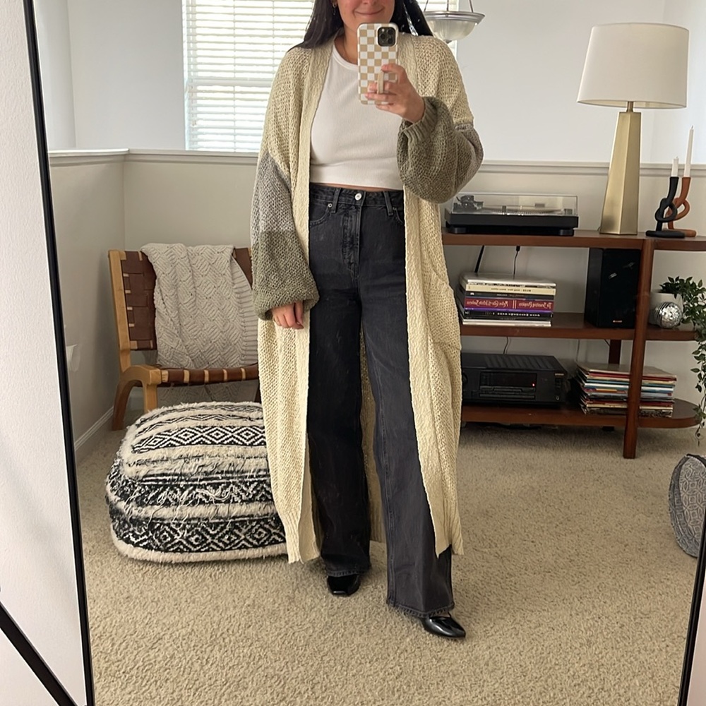 Long neutral color blocked cardigan